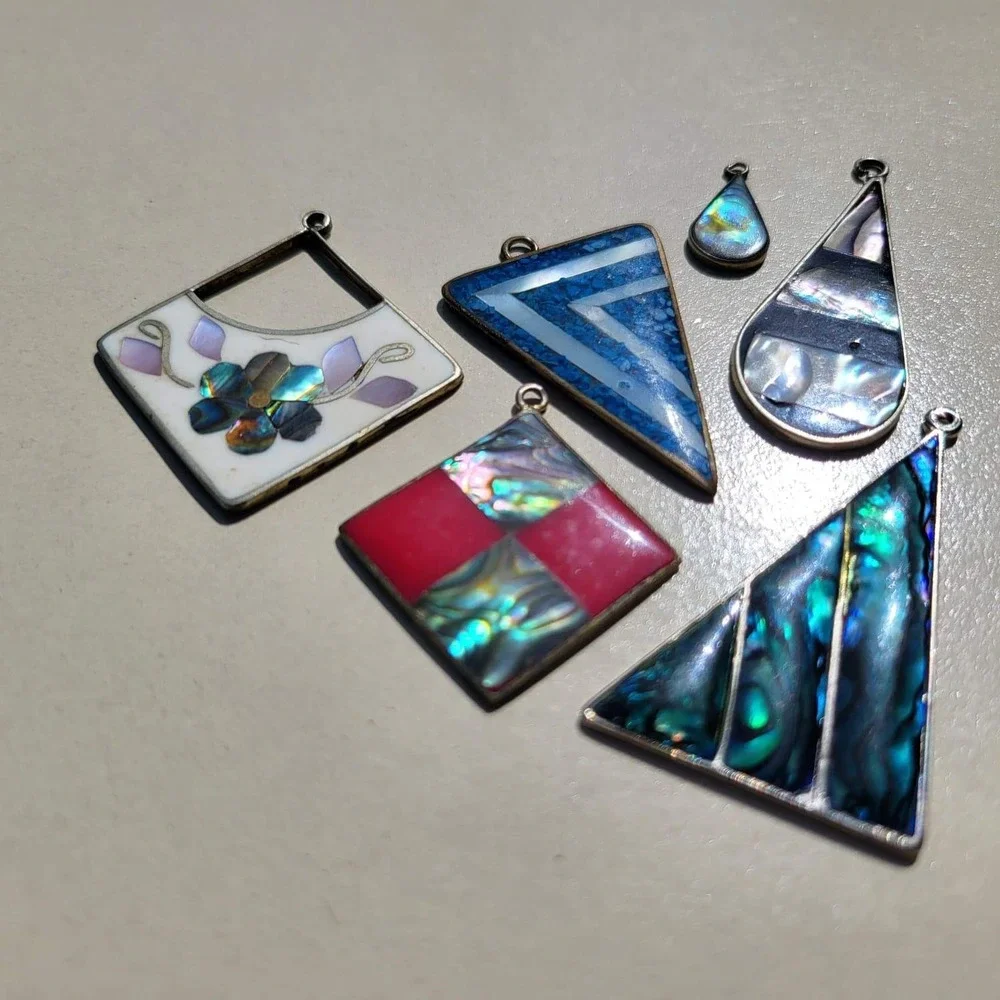 Vintage Alpaca Mexico Shell Inlay Assorted Pendant Lot Geometric Floral